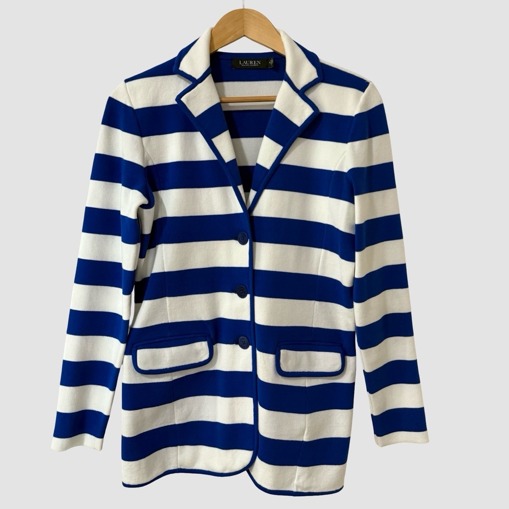 Lauren Ralph Lauren Black Label Blue/White Knit Long Blazer M